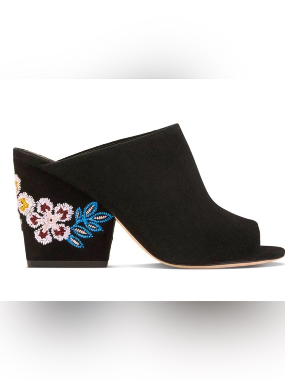 Tory Burch Black Suede Embroidered Floral Block Heel Mules Peep Toe Size 8